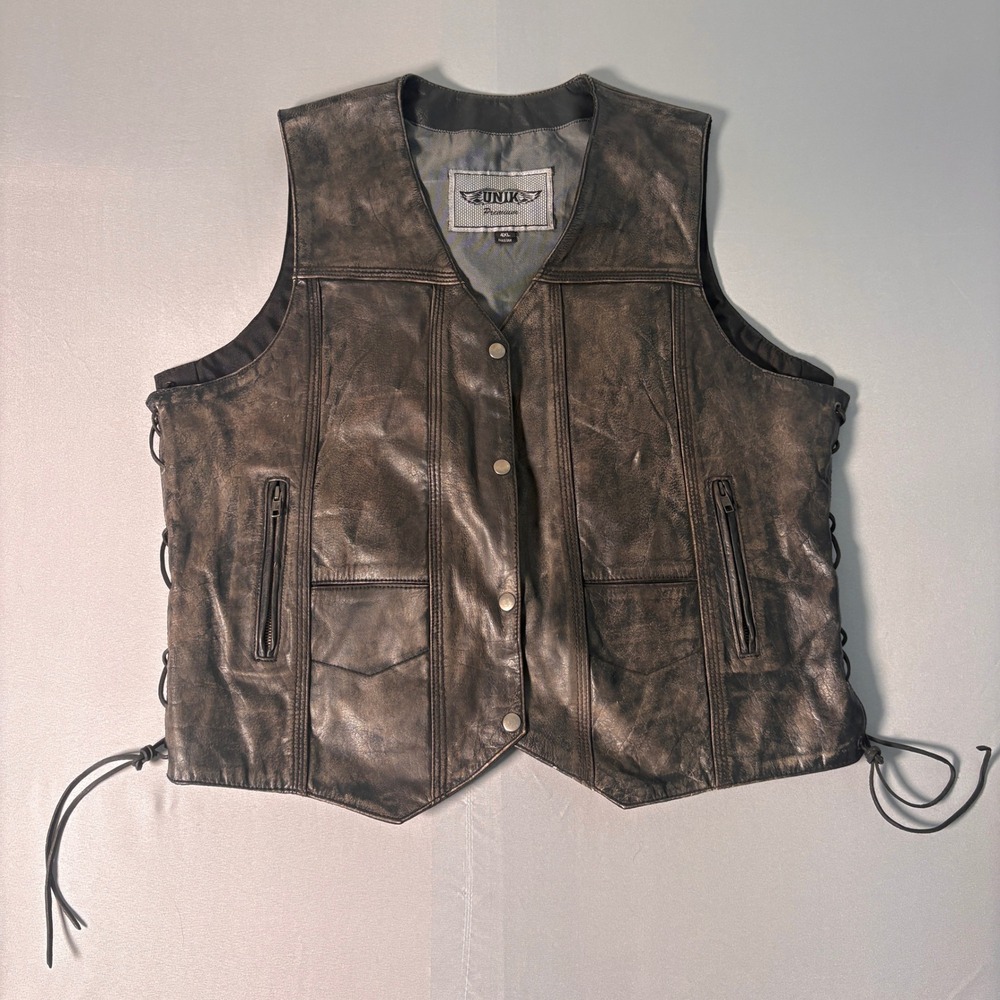 Unik Premium Mens 4XL Distressed Leather Biker Vest Gray Side Lace Motorcycle